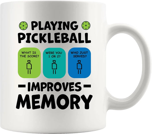 Playing Pickleball Improves Memory Pickleball Ceramic Mug Pickleball Lovers Gifts for Dad Mom Grandma Grandpa Husband Wife Coffee Cup (White, 11 Oz)