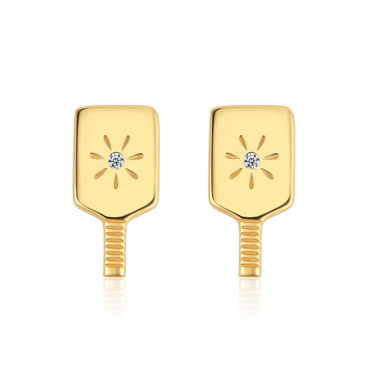 Pickleball Paddle Stud Earrings 18K Gold Plated over 925 Sterling Silver - Embellished with Cubic Zirconia | Gift for Pickleball Players